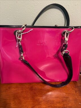 Beijo Glossy Hot Pink Patent Tote with Black Handles